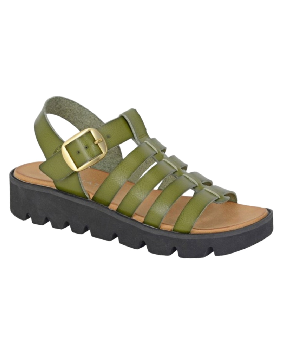 Green Coloured Cipriata Womens Azia T-Bar Halter Back Wedge Sandals on White Background

