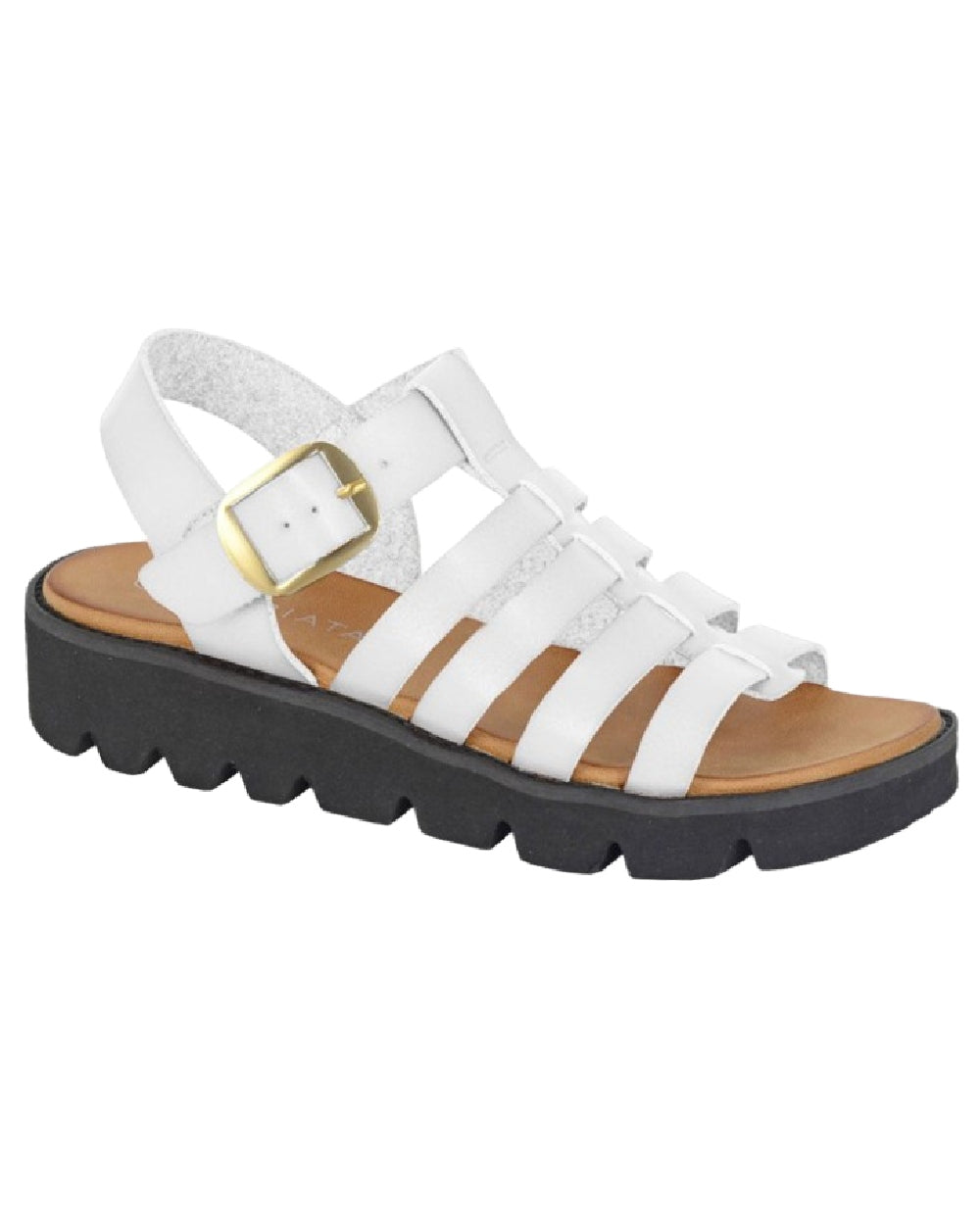 White Coloured Cipriata Womens Azia T-Bar Halter Back Wedge Sandals on White Background
