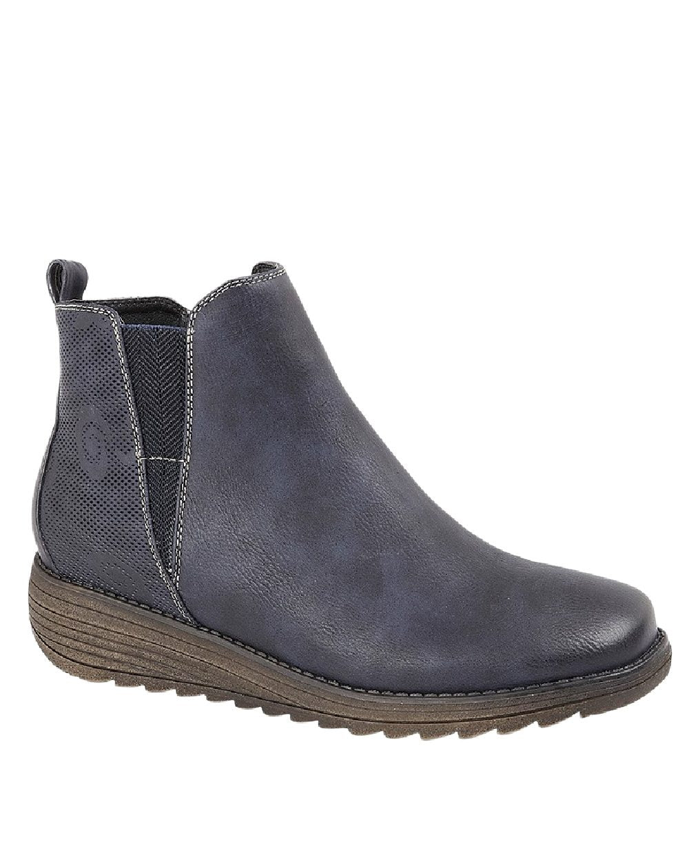 Navy Coloured Cipriata Womens Debora Side V Inside Zip Gusset Ankle Boots on White Background
