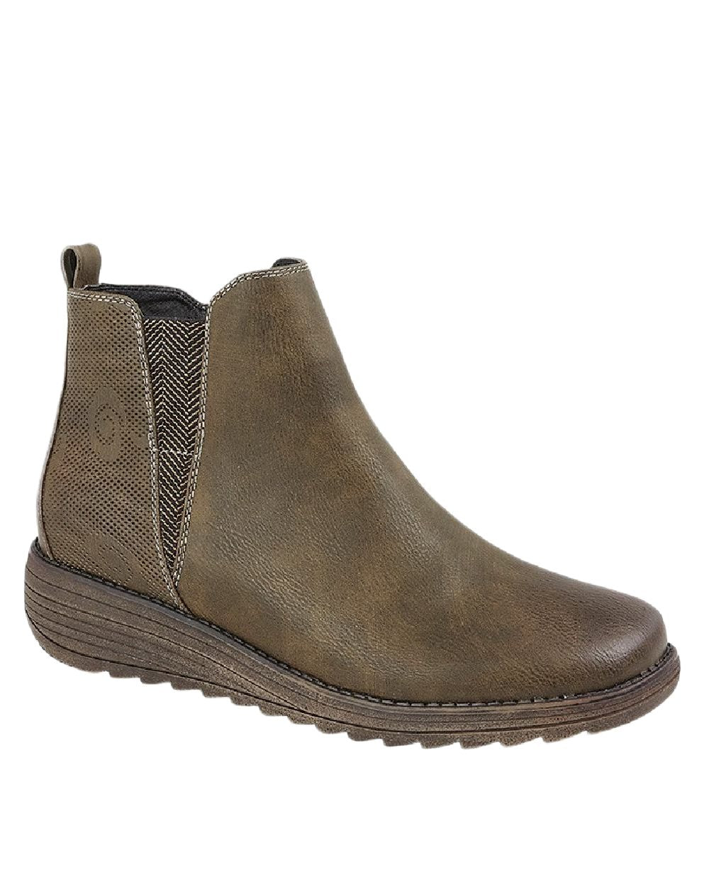 Olive Coloured Cipriata Womens Debora Side V Inside Zip Gusset Ankle Boots on White Background
