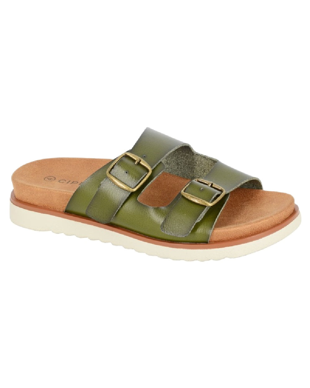 Green Coloured Cipriata Womens Tiberia Twin Buckle Strap Mule Sandals on White Background
