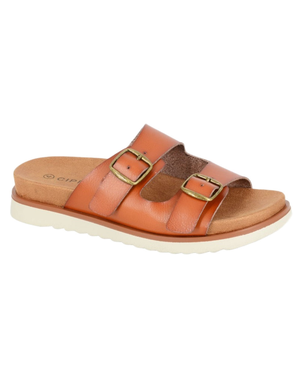 Tan Coloured Cipriata Womens Tiberia Twin Buckle Strap Mule Sandals on White Background
