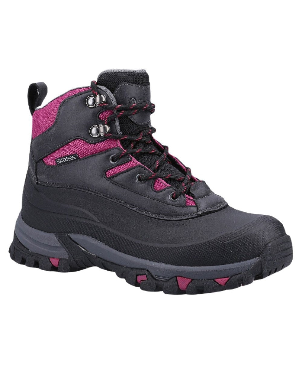 Grey/Berry coloured Cotswold Calmsden Womens Hiking Boots on white background 