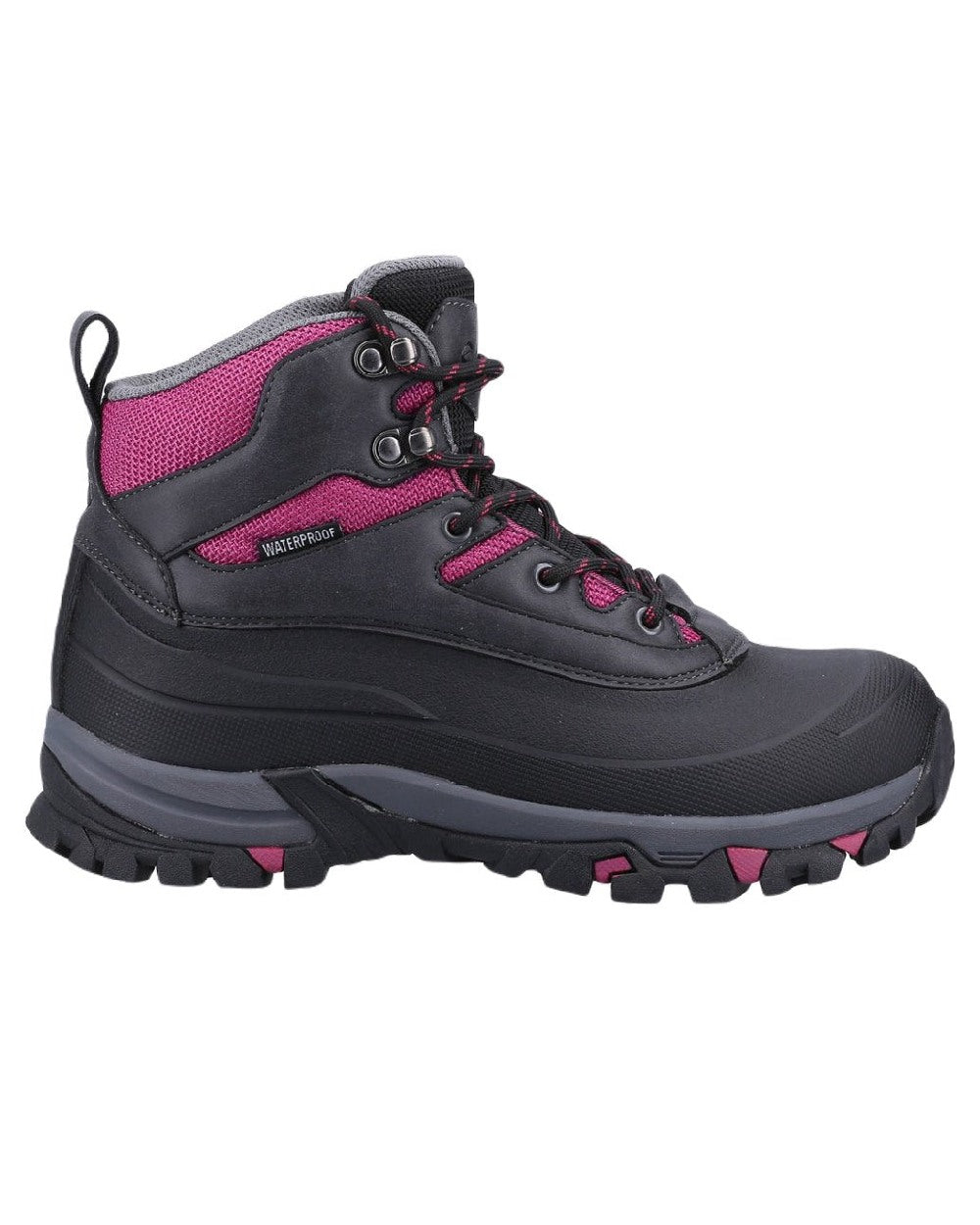 Grey/Berry coloured Cotswold Calmsden Womens Hiking Boots on white background 