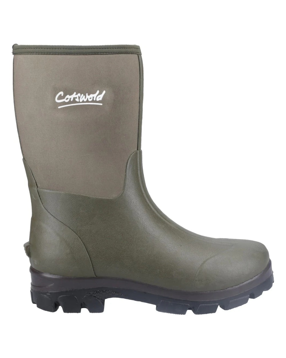 Green coloured Cotswold Kensington Wellingtons on white background 