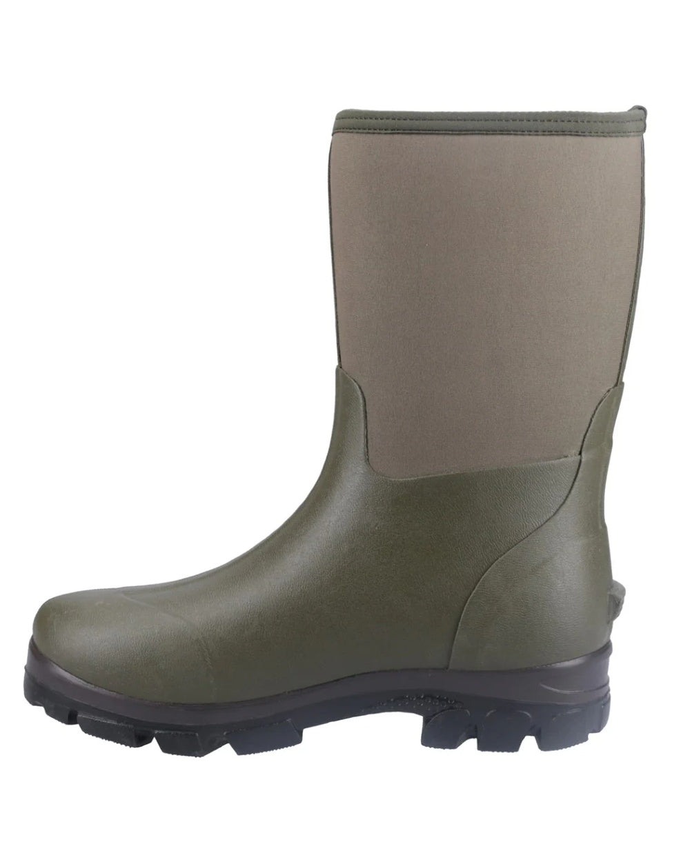 Green coloured Cotswold Kensington Wellingtons on white background 