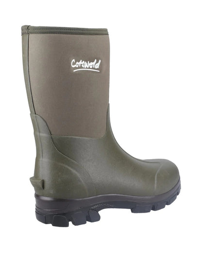 Green coloured Cotswold Kensington Wellingtons on white background 