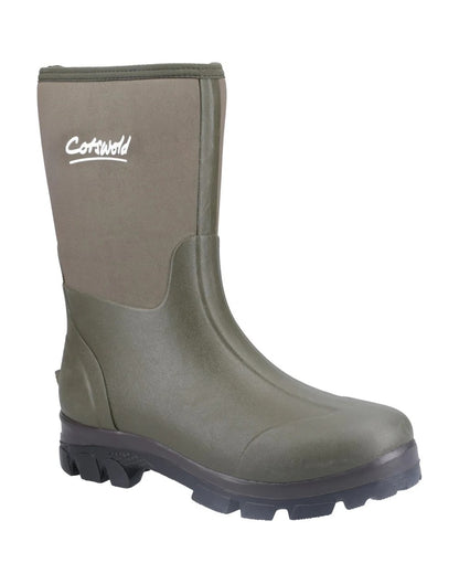 Green coloured Cotswold Kensington Wellingtons on white background 