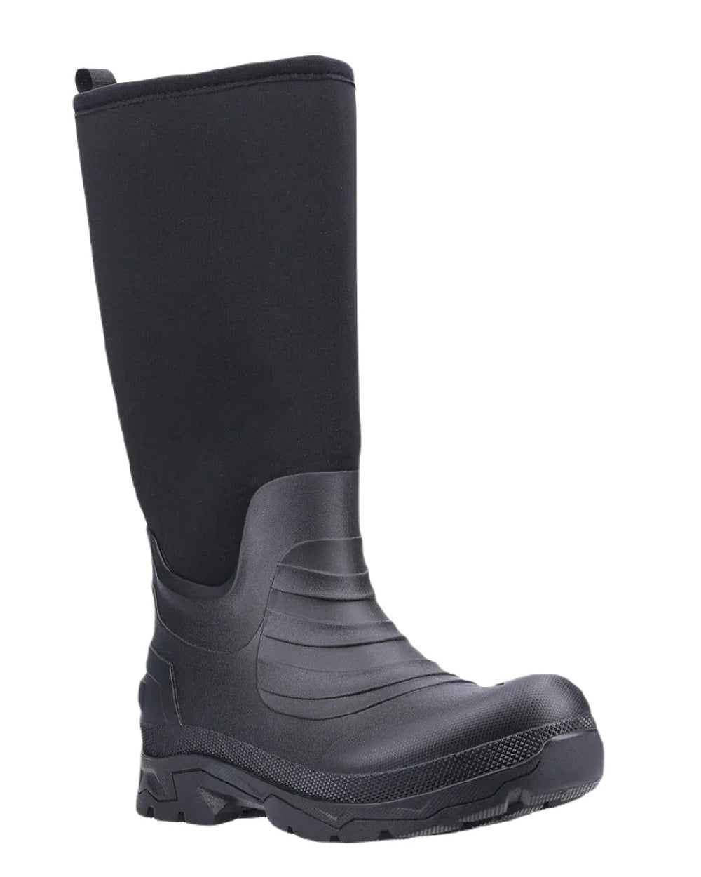 Black coloured Cotswold Kenwood Wellingtons on white background 