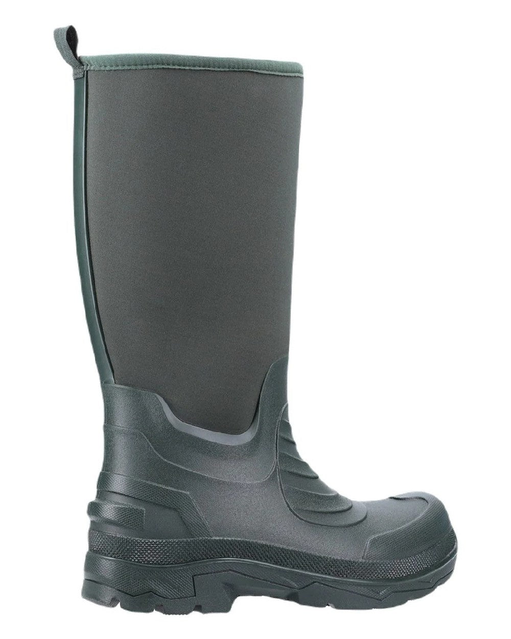 Green coloured Cotswold Kenwood Wellingtons on white background 