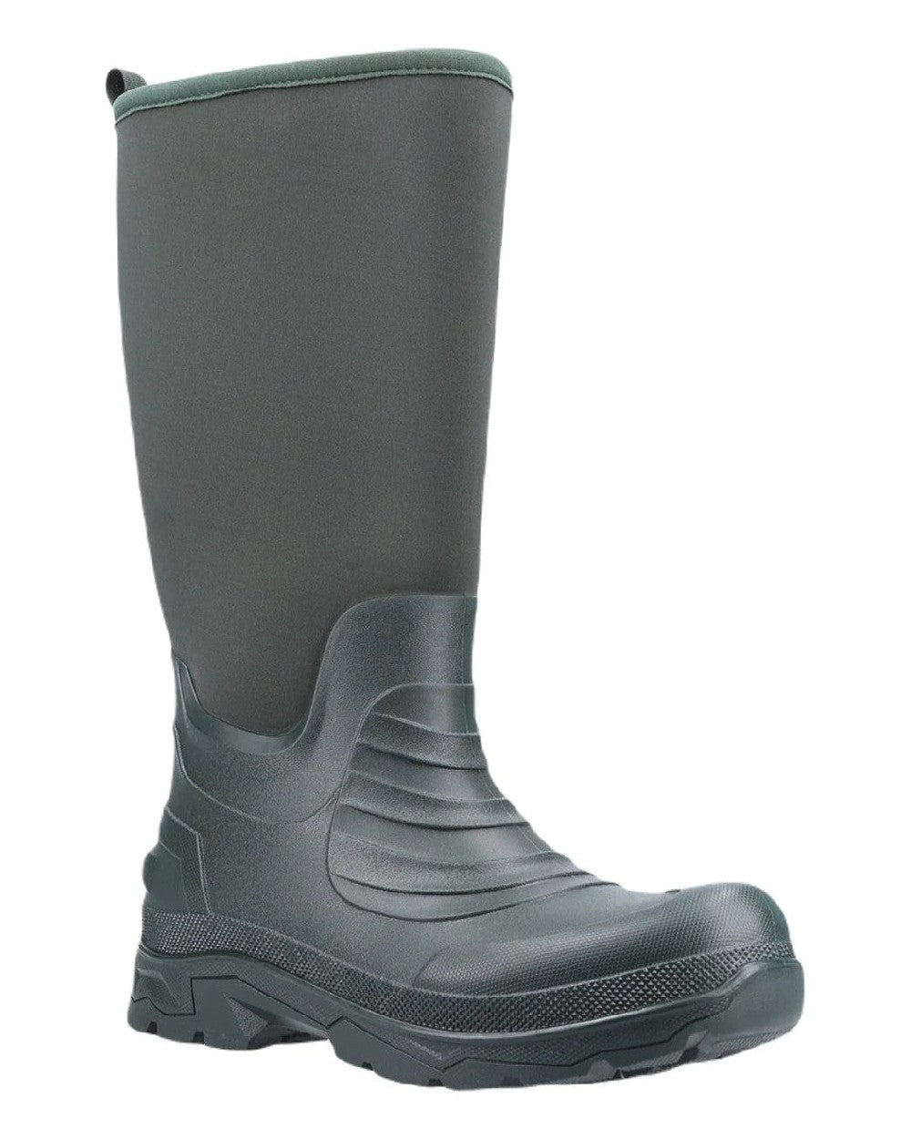 Green coloured Cotswold Kenwood Wellingtons on white background 