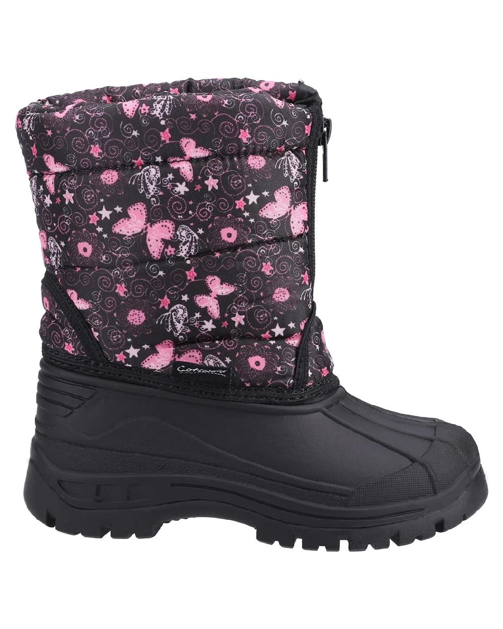 Butterfly coloured Cotswold Kids Iceberg Zip Snow Boots on white background 
