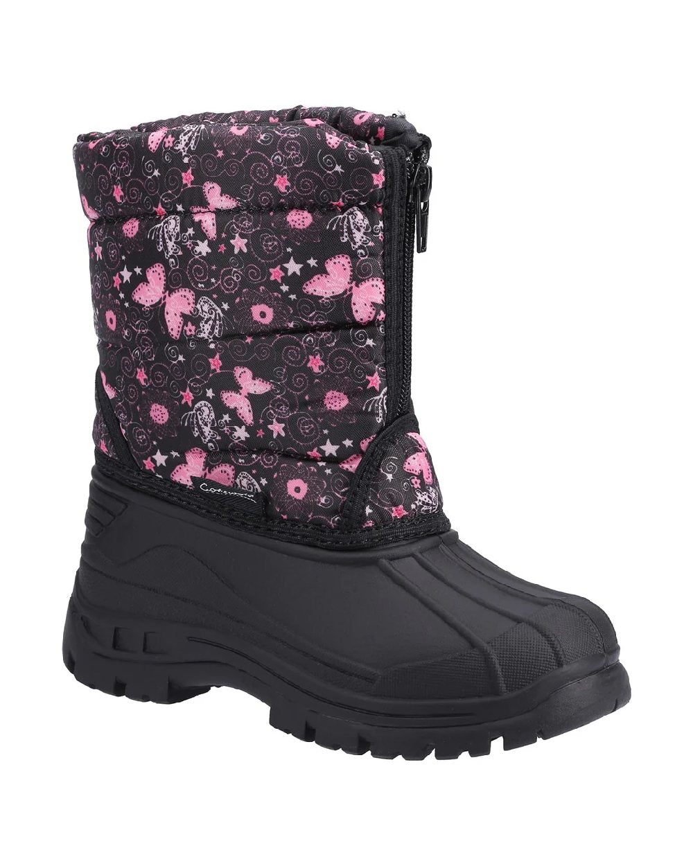 Butterfly coloured Cotswold Kids Iceberg Zip Snow Boots on white background 