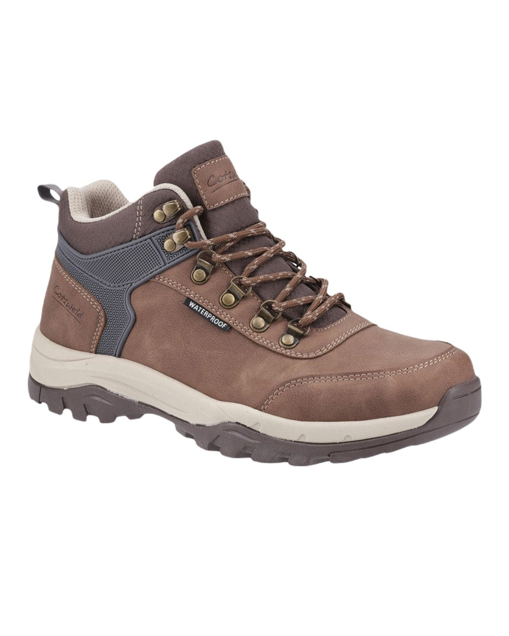 Brown Coloured Cotswold Mens Overbury Hiking Boots on White Background
