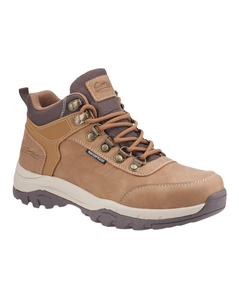Tan Coloured Cotswold Womens Overbury Hiking Boots on White Background

