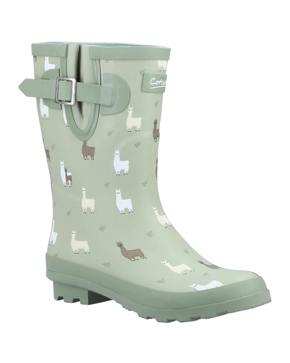 Alpaca print green coloured Cotswold Womens Farmyard Mid Wellington boots on white background 