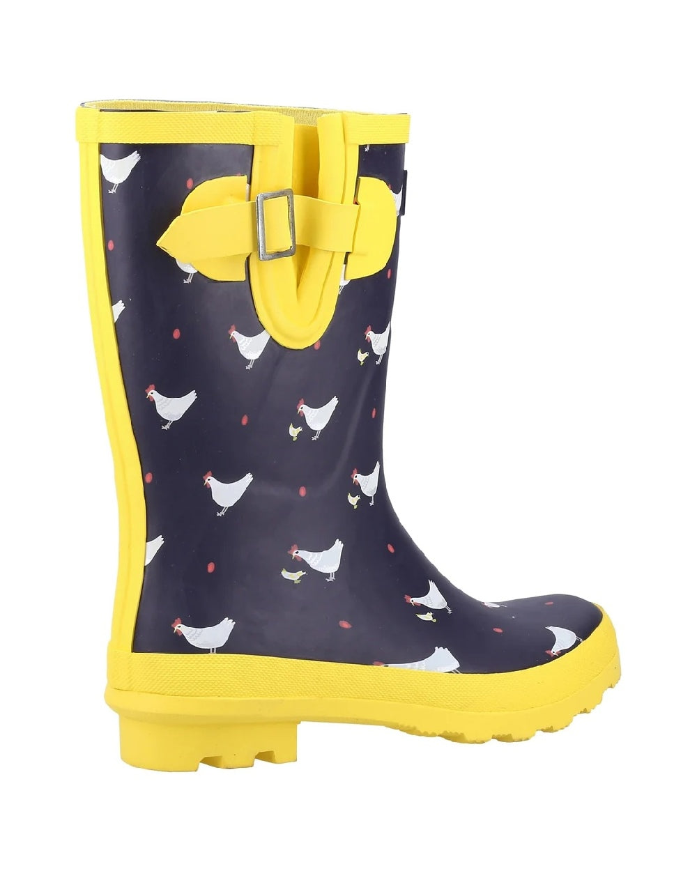 Chick print navy coloured Cotswold Womens Farmyard Mid Wellingtons boots on white background 