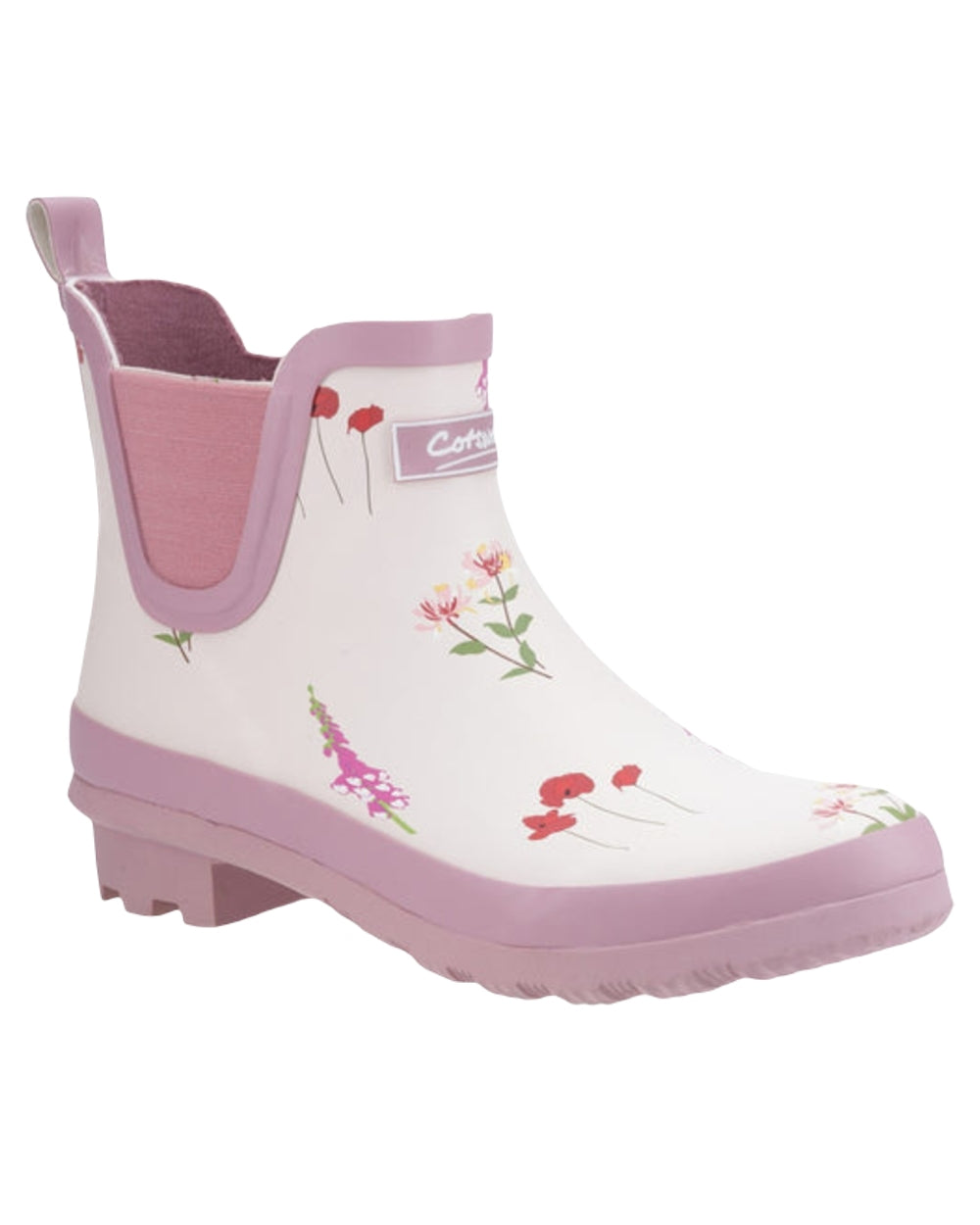 Pink Coloured Cotswold Womens Wildflower Ankle Wellingtons on White Background
