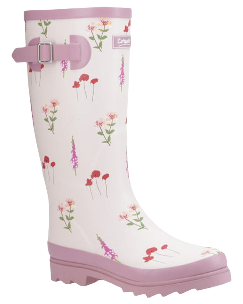 Pink Coloured Cotswold Womens Wildflower Tall Wellingtons on White Background
