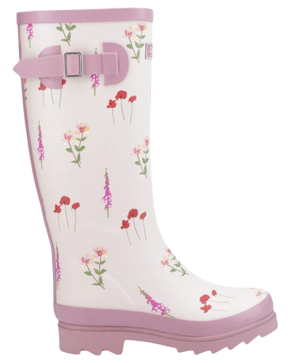 Pink Coloured Cotswold Womens Wildflower Tall Wellingtons on White Background
