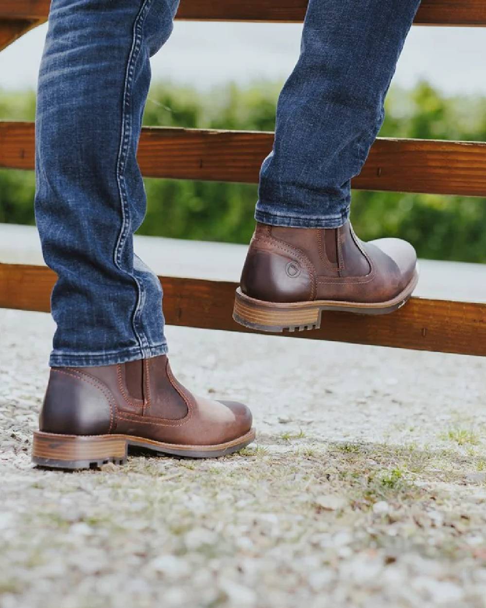 Brown Coloured Cotswold Worcester Chelsea Boots on Outdoor Background

