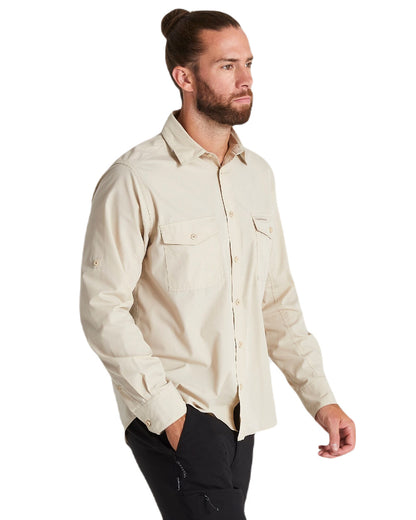 Oatmeal Coloured Craghopper Mens Kiwi Long Sleeved Shirt On A White Background 