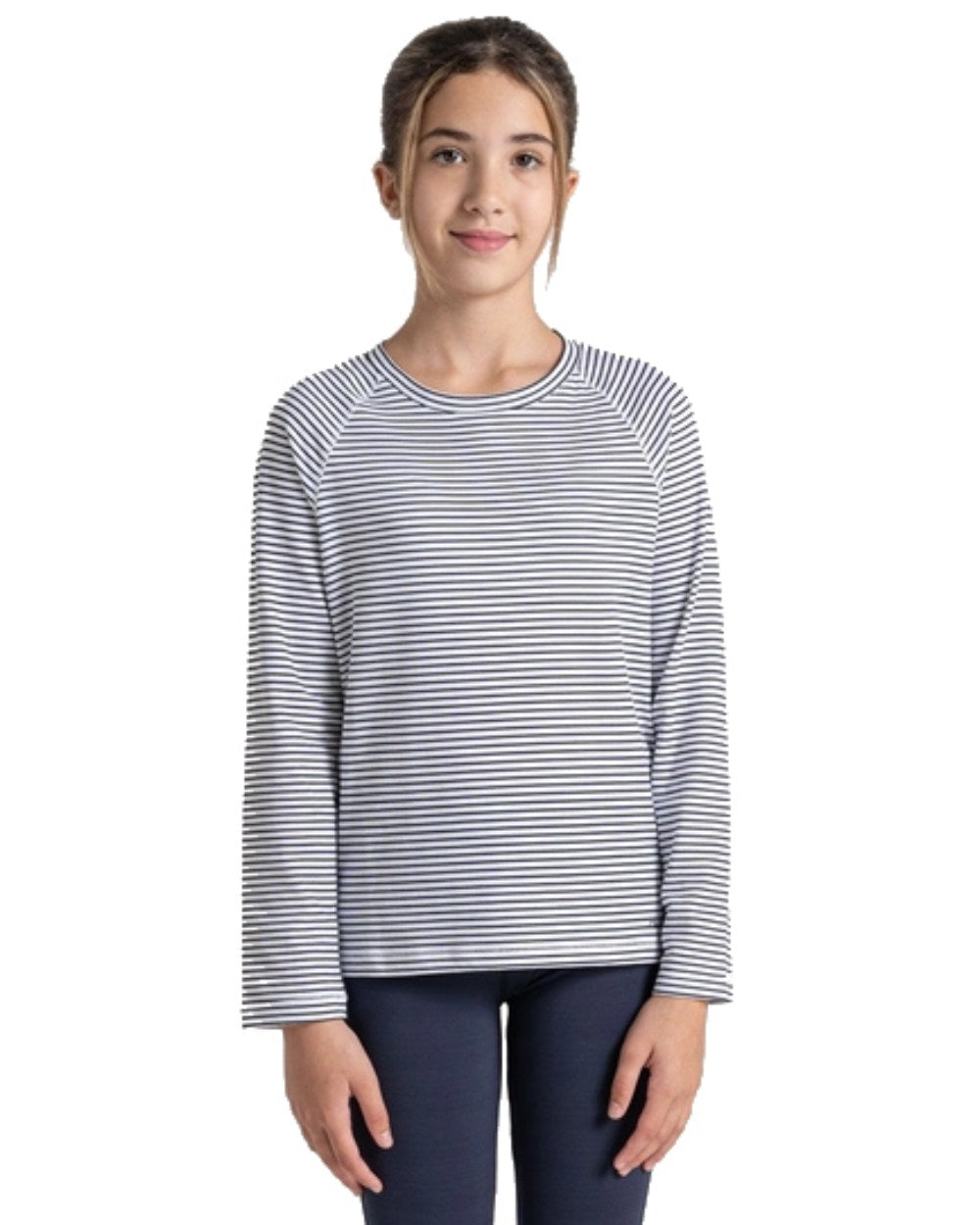 Blue Navy Stripe Coloured Craghoppers Childrens NosiLife Paola Long Sleeved T-Shirt On A White Background 