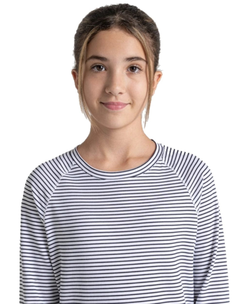 Blue Navy Stripe Coloured Craghoppers Childrens NosiLife Paola Long Sleeved T-Shirt On A White Background 