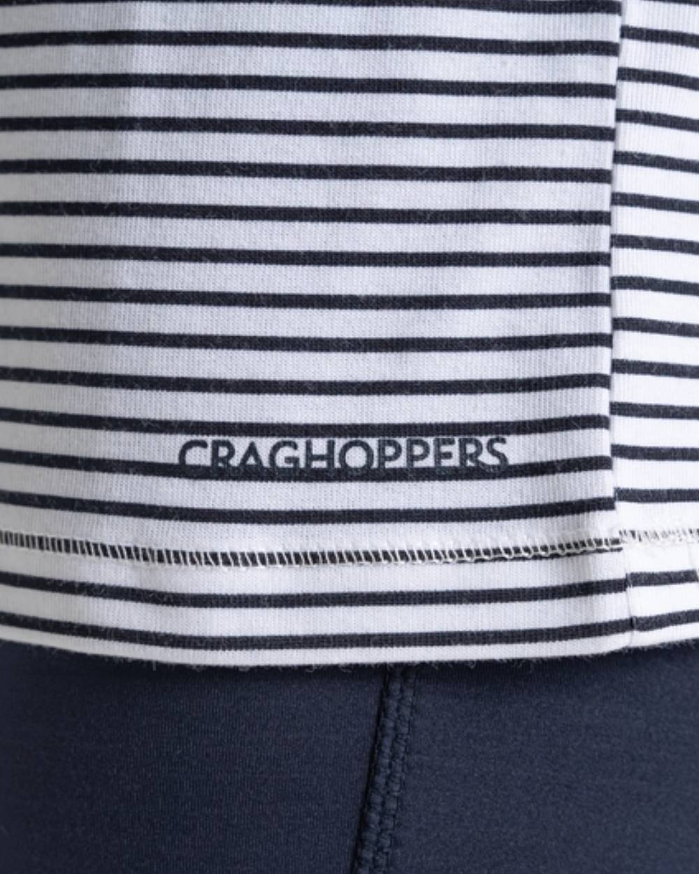 Blue Navy Stripe Coloured Craghoppers Childrens NosiLife Paola Long Sleeved T-Shirt On A White Background 