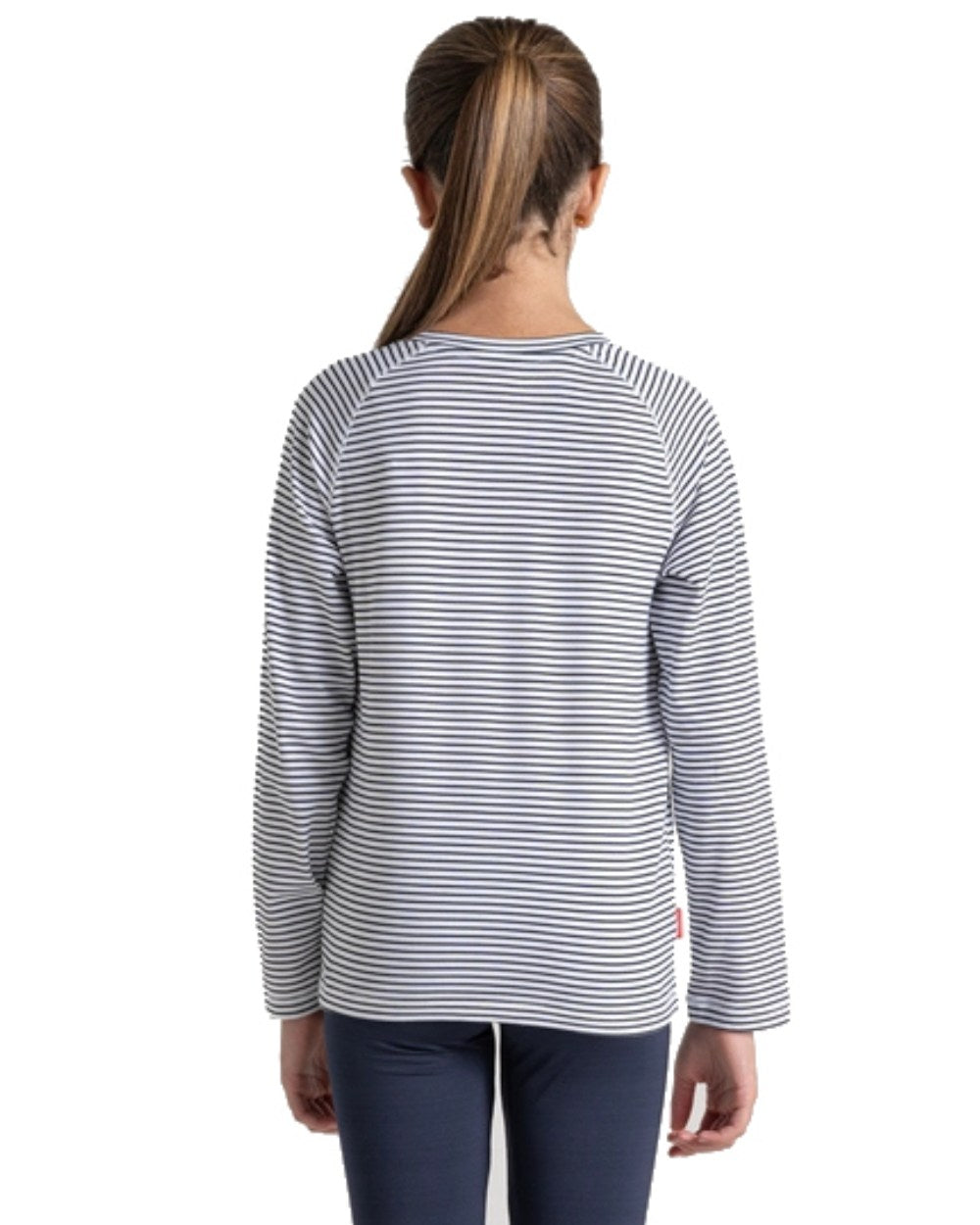 Blue Navy Stripe Coloured Craghoppers Childrens NosiLife Paola Long Sleeved T-Shirt On A White Background 