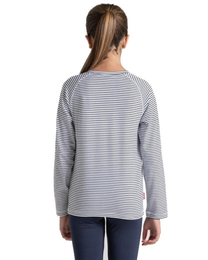 Blue Navy Stripe Coloured Craghoppers Childrens NosiLife Paola Long Sleeved T-Shirt On A White Background 