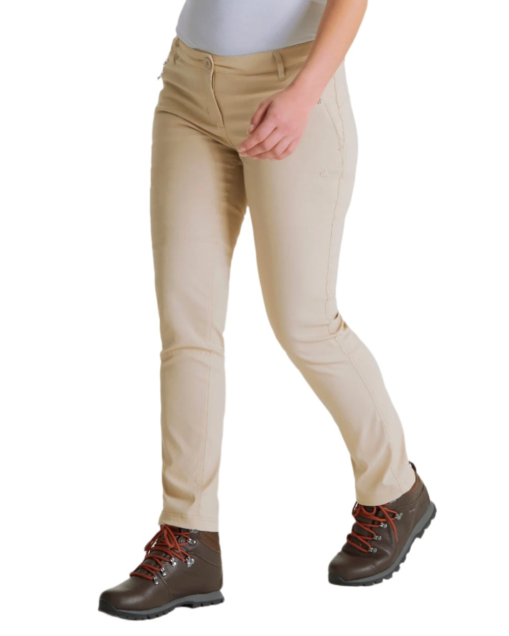 Desert Sand Coloured Craghoppers Womens Kiwi Pro II Trousers On A White Background 