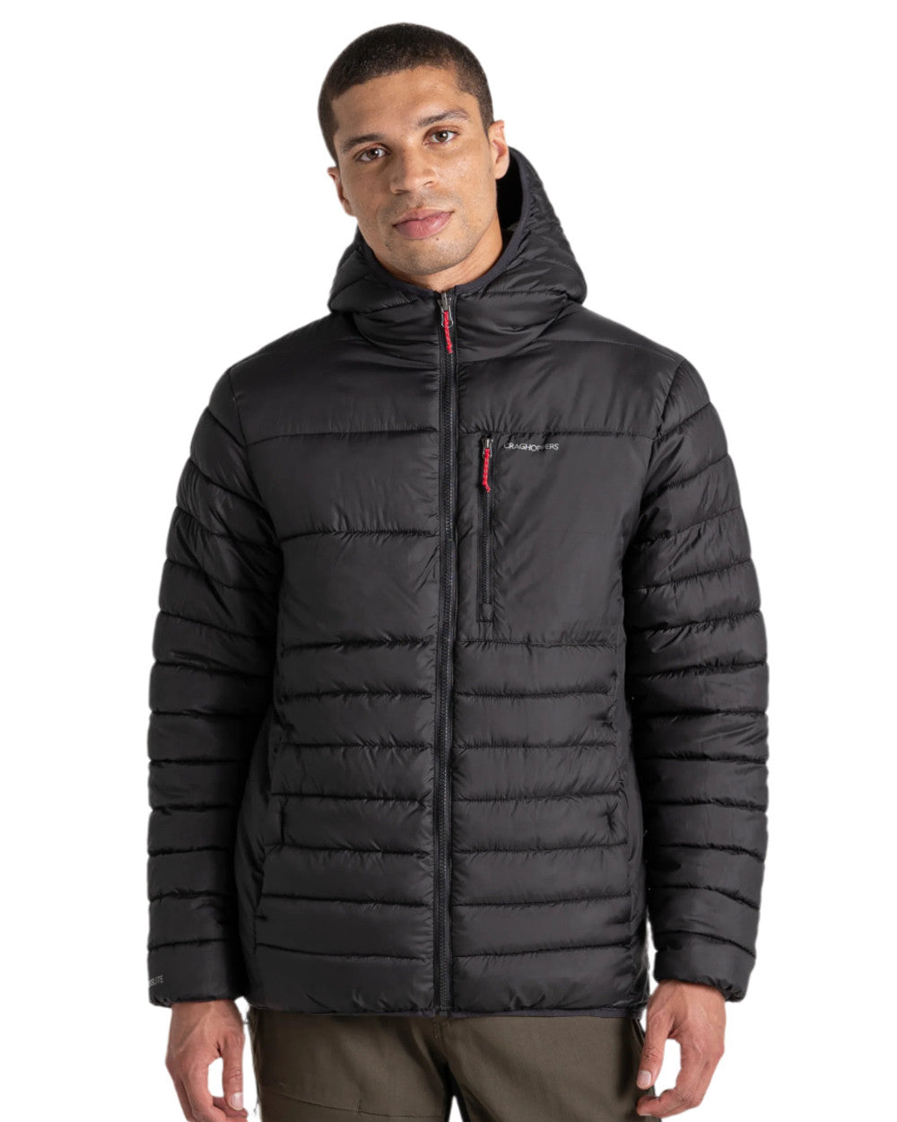 Black Coloured Craghoppers Mens Compresslite VIII Hooded Jacket On A White Background 