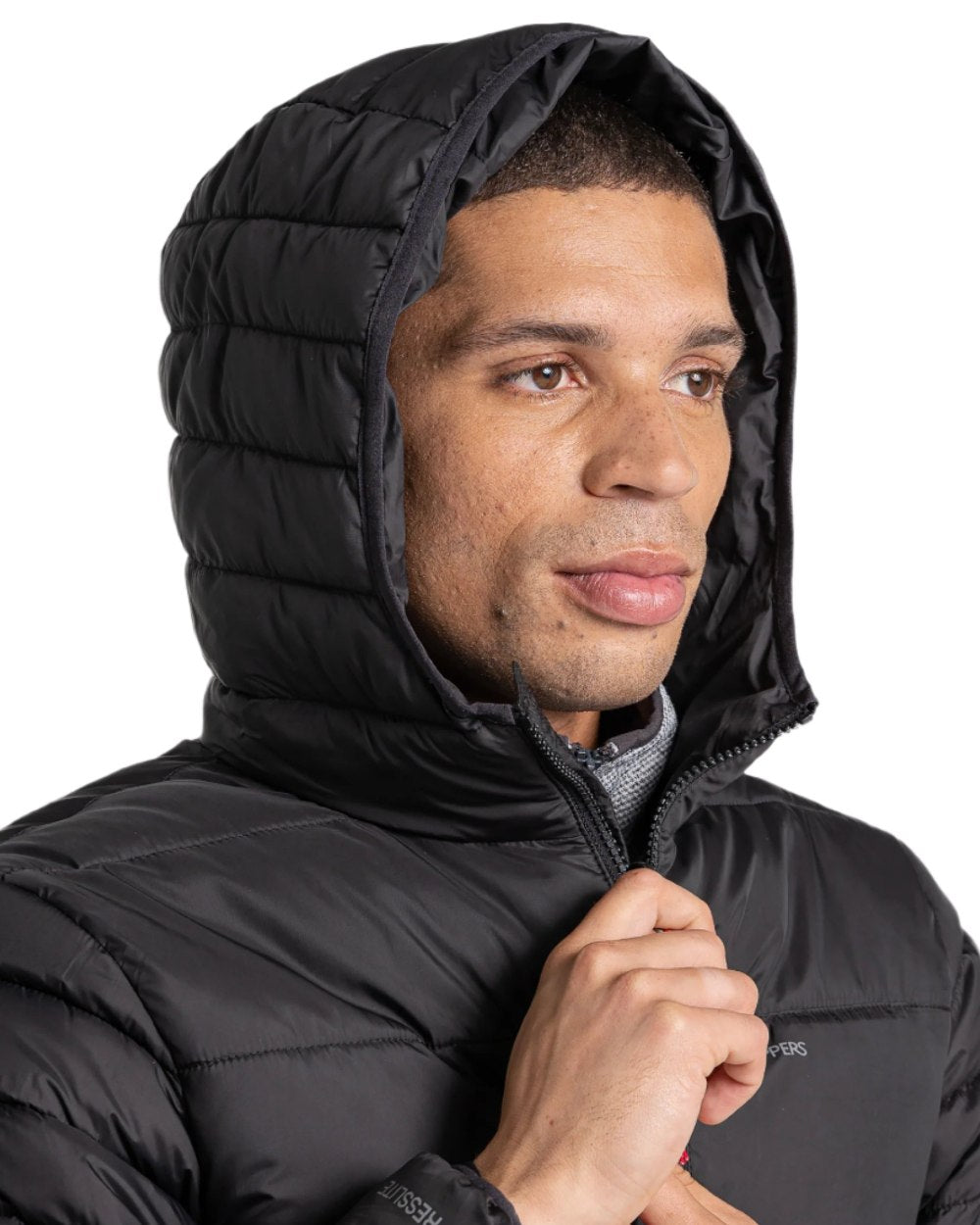 Black Coloured Craghoppers Mens Compresslite VIII Hooded Jacket On A White Background 