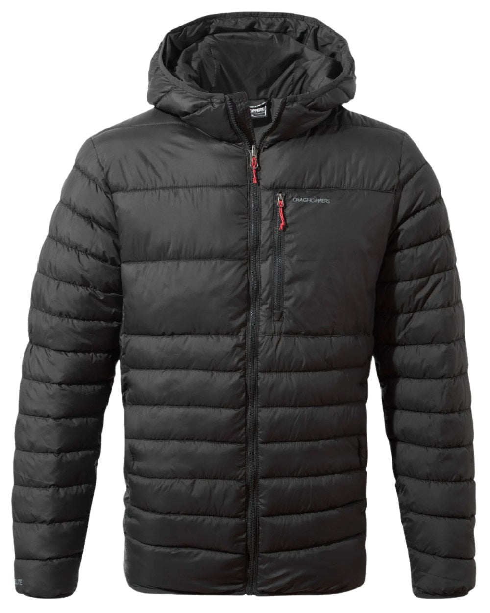 Black Coloured Craghoppers Mens Compresslite VIII Hooded Jacket On A White Background 