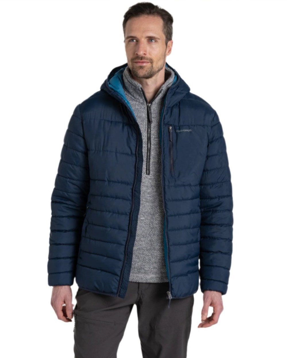 Blue Navy Brisk Blue Coloured Craghoppers Mens Compresslite VIII Hooded Jacket On A White Background 