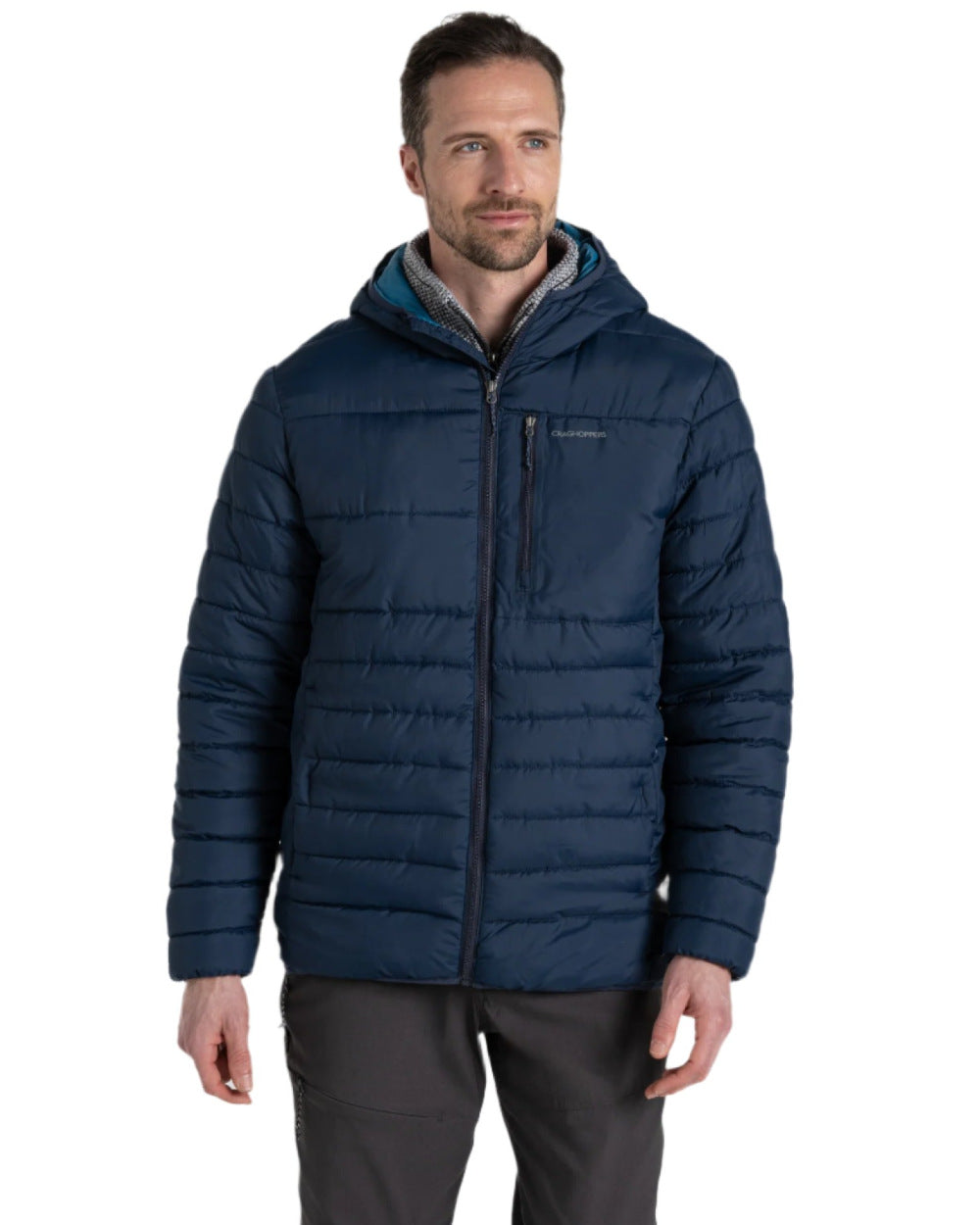 Blue Navy Brisk Blue Coloured Craghoppers Mens Compresslite VIII Hooded Jacket On A White Background 