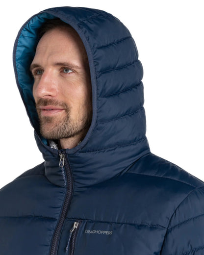 Blue Navy Brisk Blue Coloured Craghoppers Mens Compresslite VIII Hooded Jacket On A White Background 