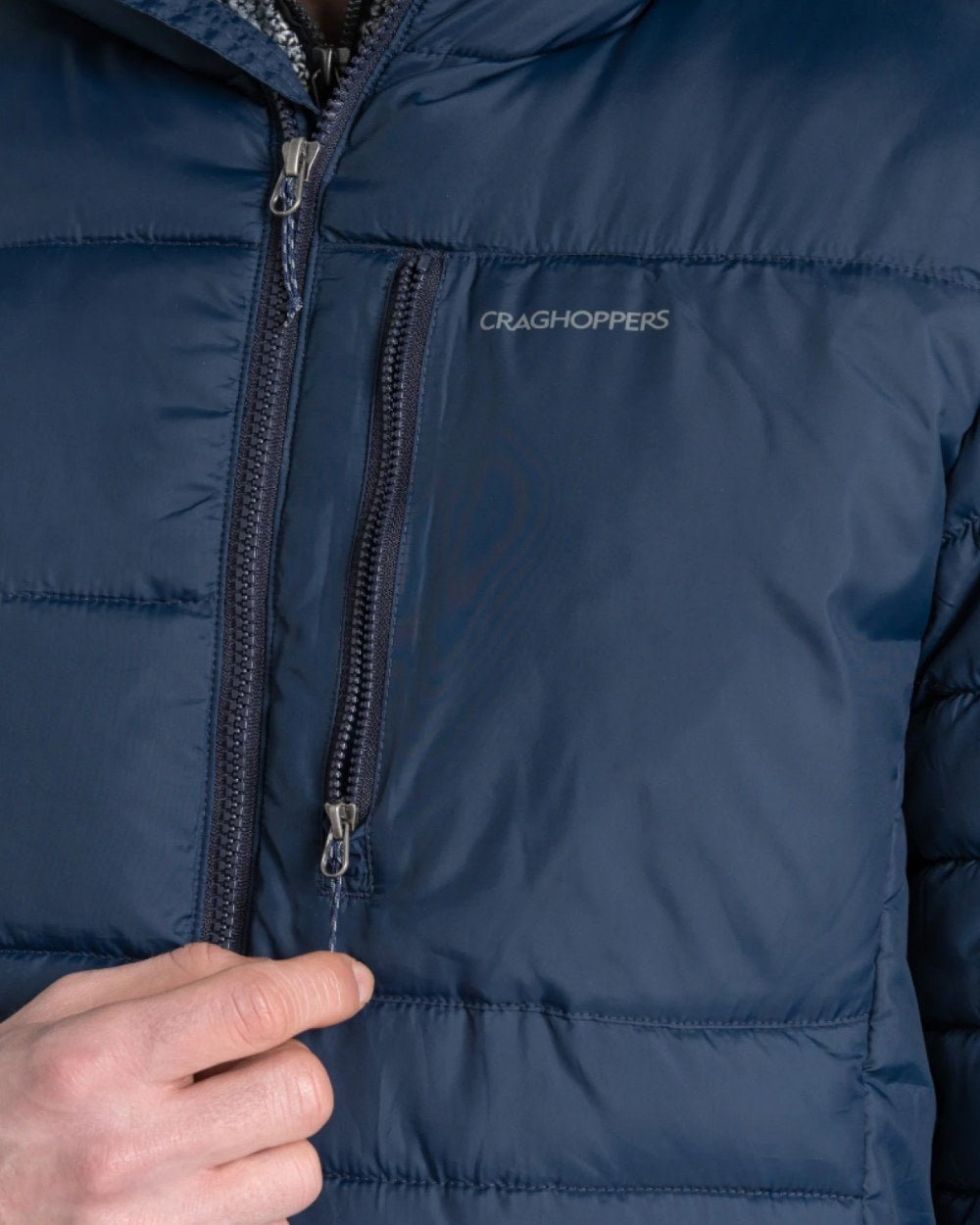 Blue Navy Brisk Blue Coloured Craghoppers Mens Compresslite VIII Hooded Jacket On A White Background 