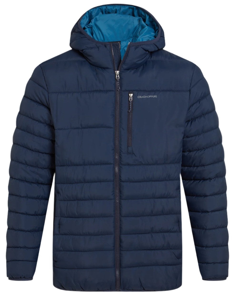 Blue Navy Brisk Blue Coloured Craghoppers Mens Compresslite VIII Hooded Jacket On A White Background 