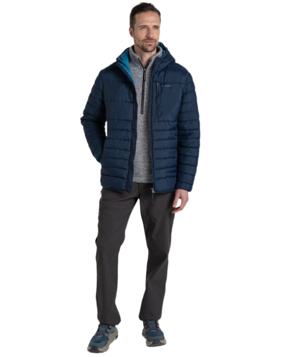 Blue Navy Brisk Blue Coloured Craghoppers Mens Compresslite VIII Hooded Jacket On A White Background 