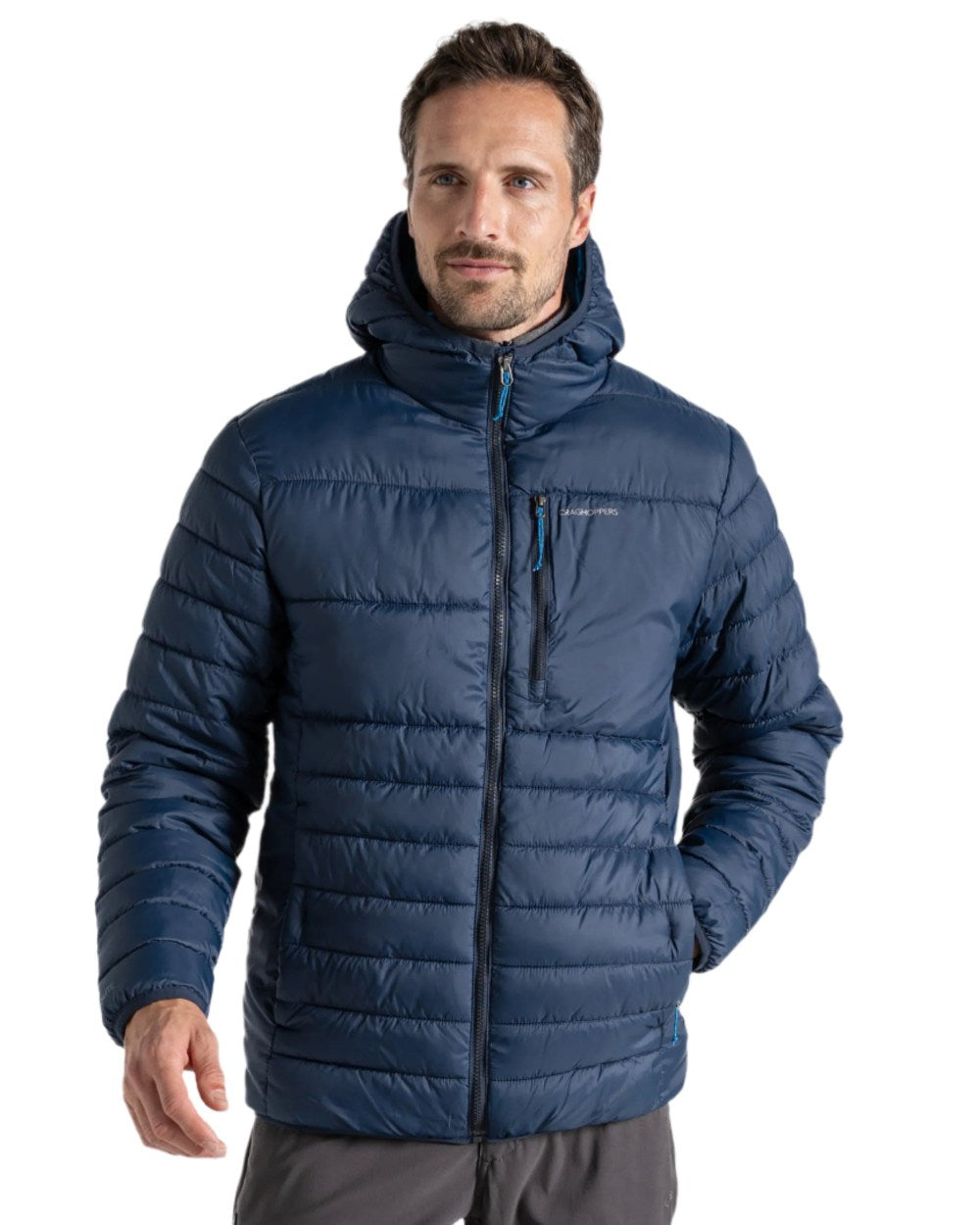 Blue Navy Howlite Blue Coloured Craghoppers Mens Compresslite VIII Hooded Jacket On A White Background 