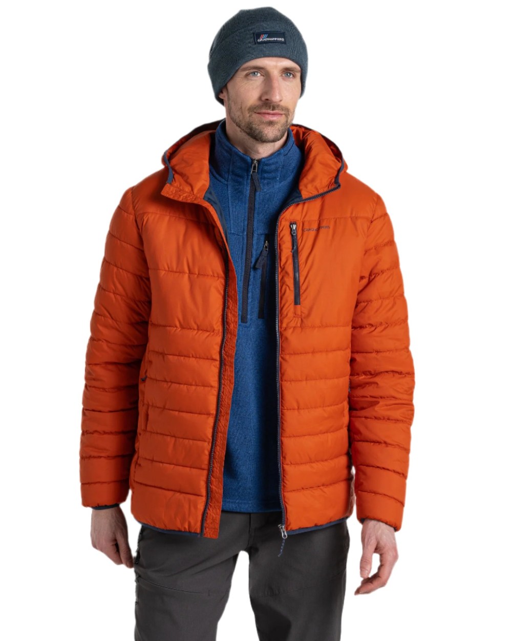 Carnelian Orange Coloured Craghoppers Mens Compresslite VIII Hooded Jacket On A White Background 