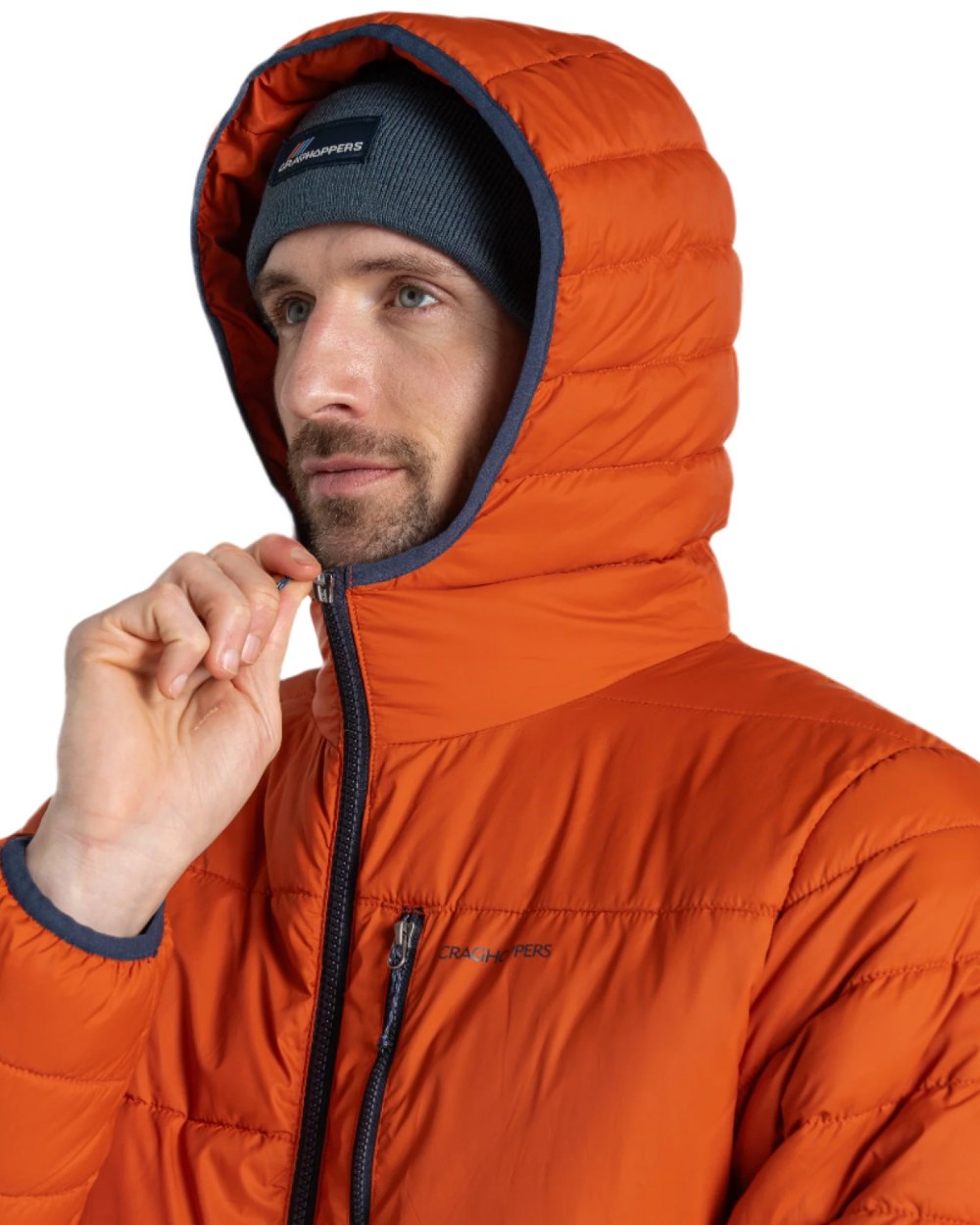 Carnelian Orange Coloured Craghoppers Mens Compresslite VIII Hooded Jacket On A White Background 