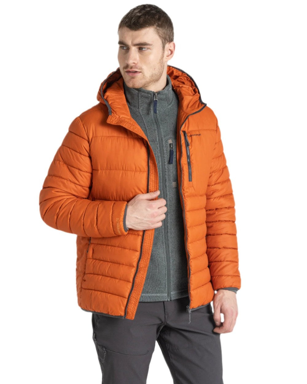 Potters Clay Coloured Craghoppers Mens Compresslite VIII Hooded Jacket On A White Background 