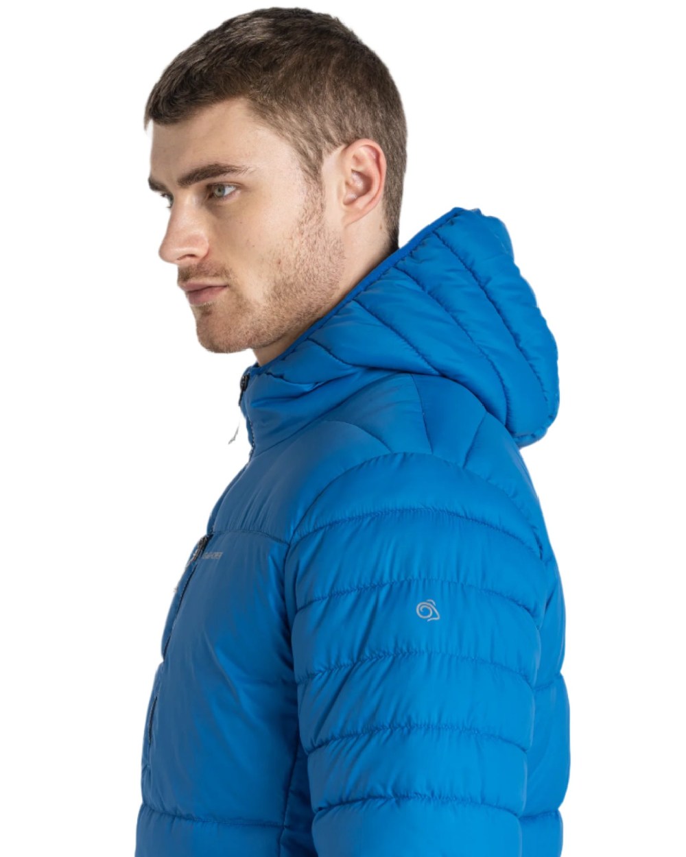 Titan Blue Black Pepper Coloured Craghoppers Mens Compresslite VIII Hooded Jacket On A White Background 