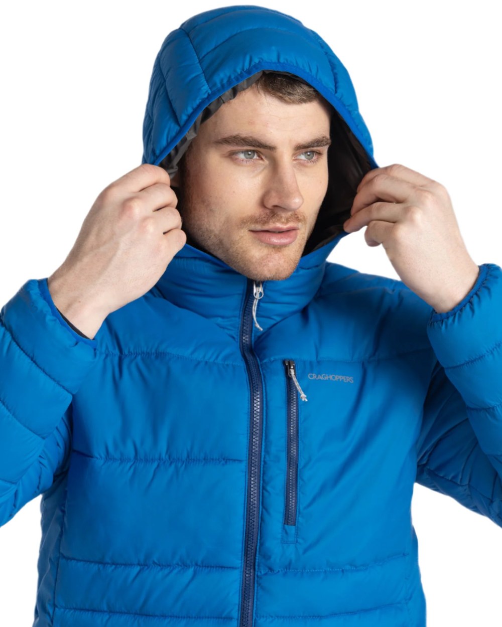 Titan Blue Black Pepper Coloured Craghoppers Mens Compresslite VIII Hooded Jacket On A White Background 