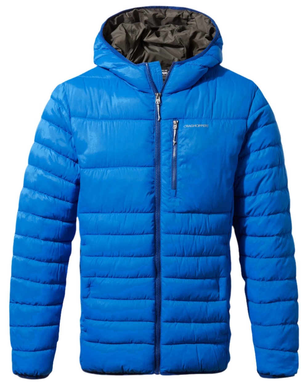 Titan Blue Black Pepper Coloured Craghoppers Mens Compresslite VIII Hooded Jacket On A White Background 