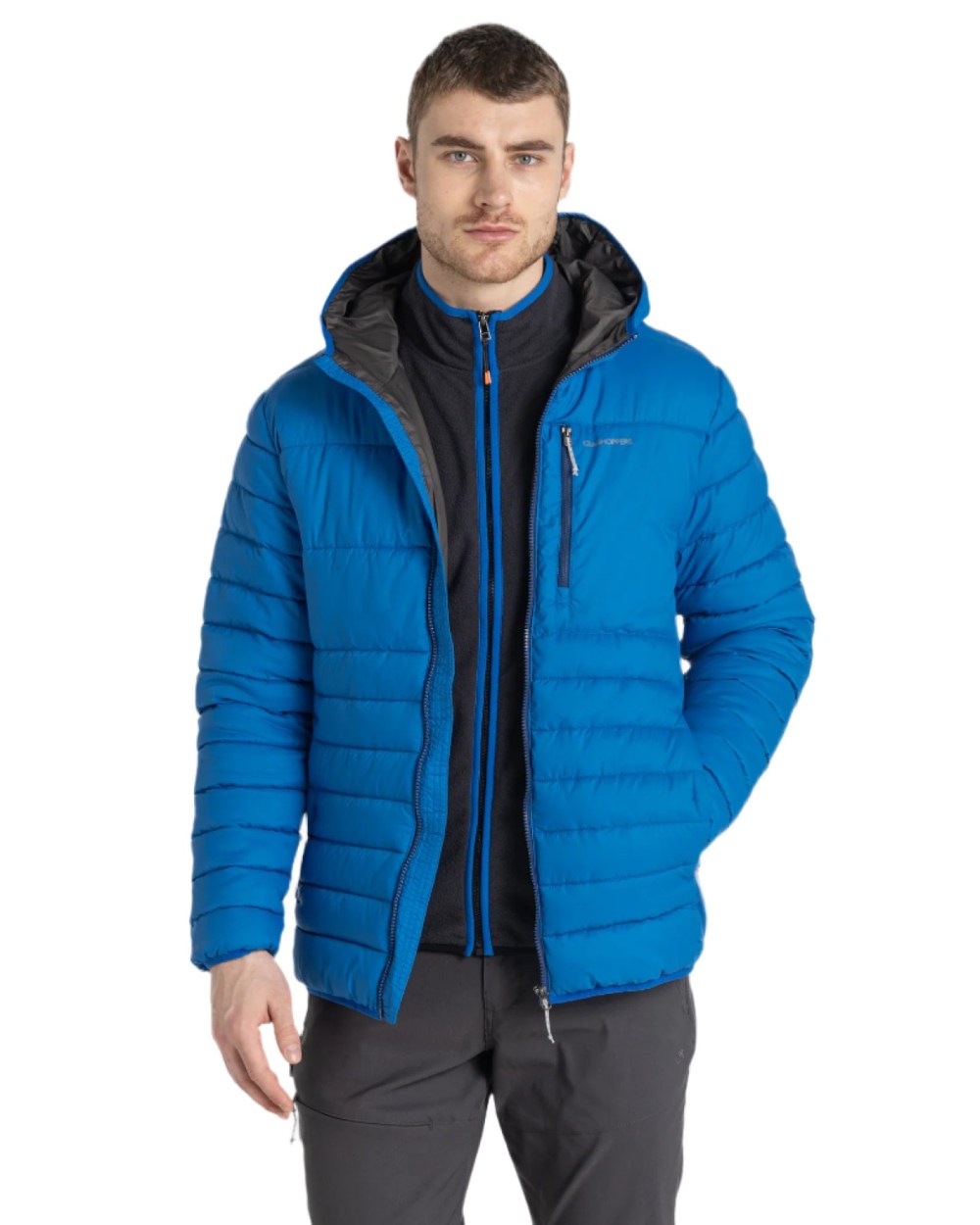 Titan Blue Black Pepper Coloured Craghoppers Mens Compresslite VIII Hooded Jacket On A White Background 