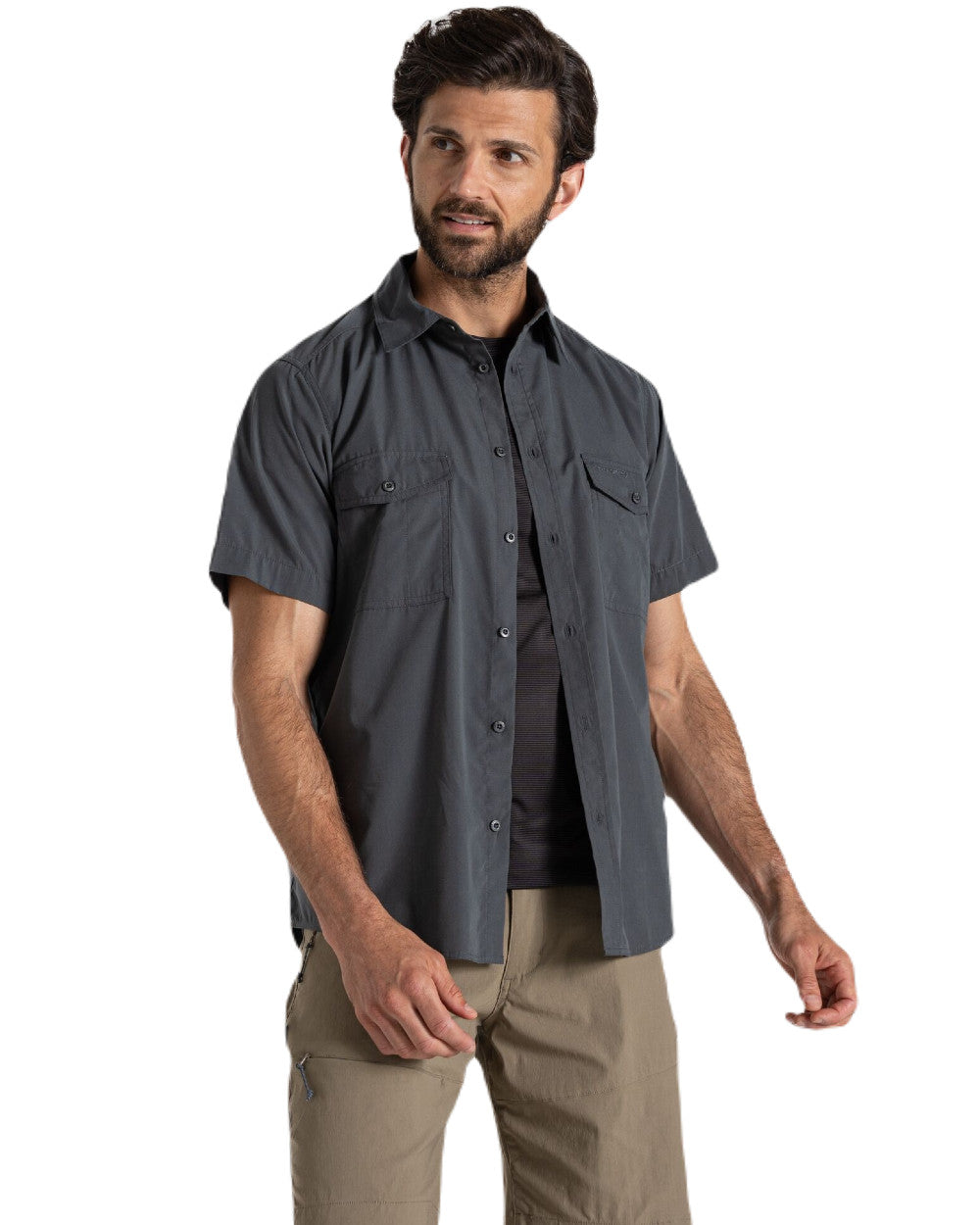 Dark Grey Coloured Craghoppers Mens Kiwi Short Sleeved Shirt On A White Background 